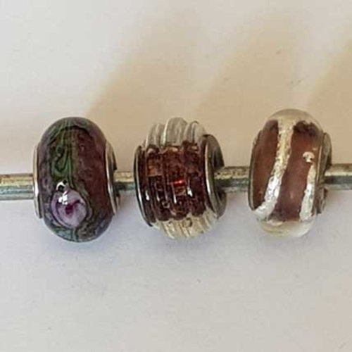 Perle n°1268-01 pourpre lot 3 pièces compatible style pandora grand trou en verre ronde