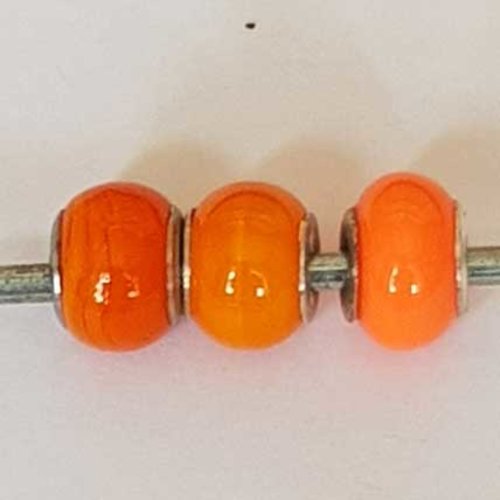 Perle n°1270-01 orange lot 3 pièces compatible style pandora grand trou en verre ronde