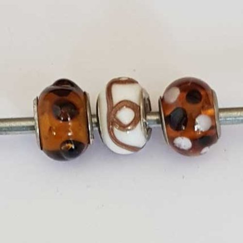 Perle n°1261-07 multi couleur lot 3 pièces compatible style pandora grand trou en verre ronde