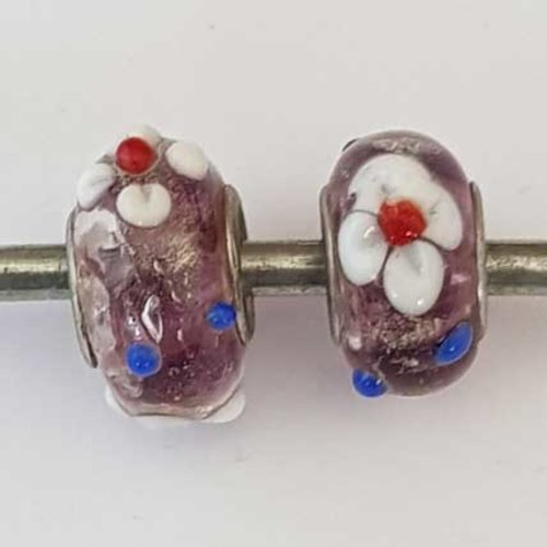 Perle n°1261-08 multi couleur lot 2 pièces compatible style pandora grand trou en verre ronde