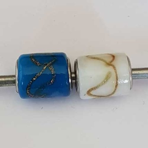 Perle n°1262-05 blanc lot 2 pièces compatible style pandora grand trou en verre ronde