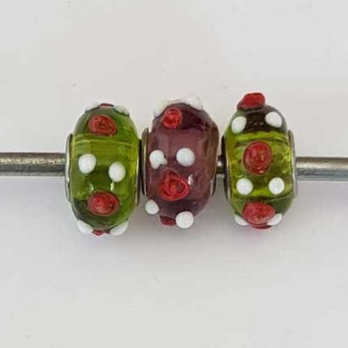 Perle n°1266-14 vert violet lot 3 pièces compatible style pandora grand trou en verre ronde