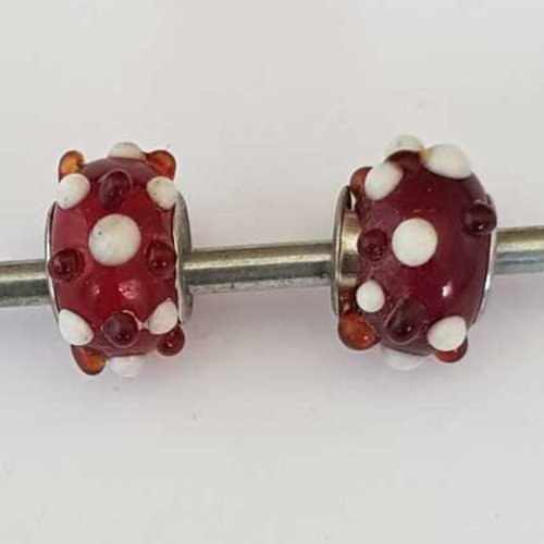 Perle n°1271-01 rouge lot 2 pièces compatible style pandora grand trou en verre ronde