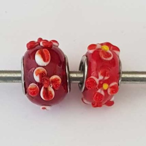 Perle n°1271-02 rouge lot 2 pièces compatible style pandora grand trou en verre ronde