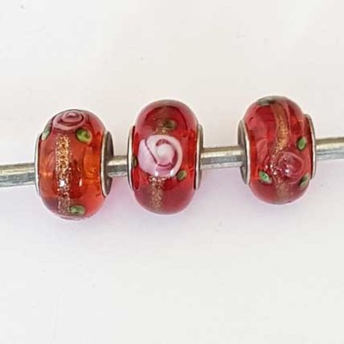 Perle n°1271-05 rouge lot 3 pièces compatible style pandora grand trou en verre ronde