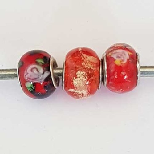 Perle n°1271-06 rouge lot 3 pièces compatible style pandora grand trou en verre ronde