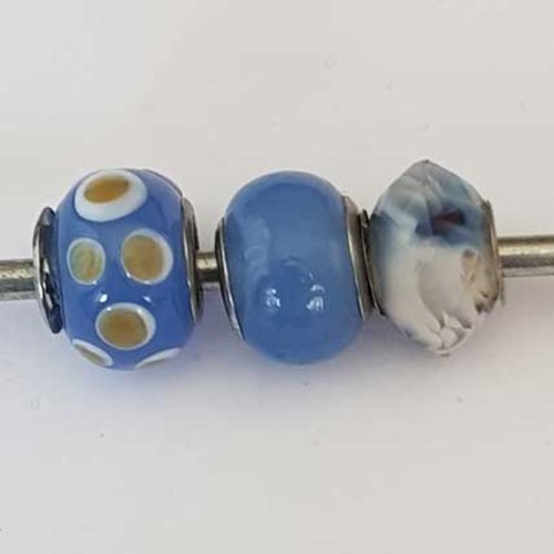 Perle n°1272-01 bleu lot 3 pièces compatible style pandora grand trou en verre ronde