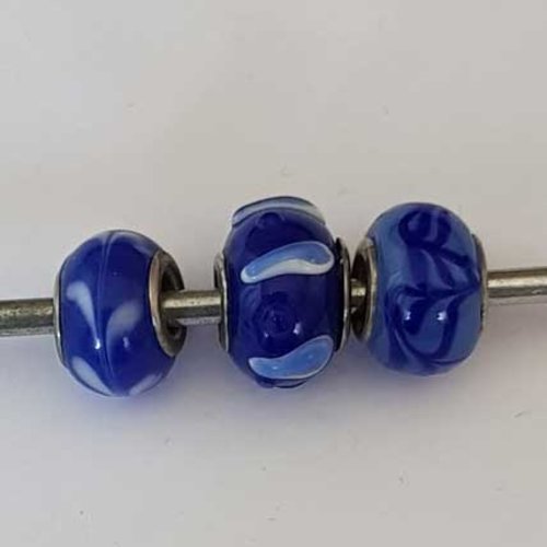 Perle n°1272-02 bleu lot 3 pièces compatible style pandora grand trou en verre ronde