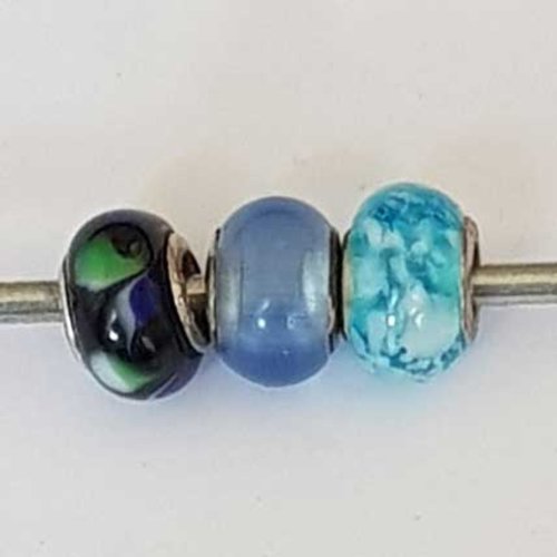 Perle n°1272-03 bleu lot 3 pièces compatible style pandora grand trou en verre ronde