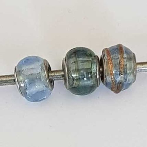Perle n°1272-04 bleu lot 3 pièces compatible style pandora grand trou en verre ronde