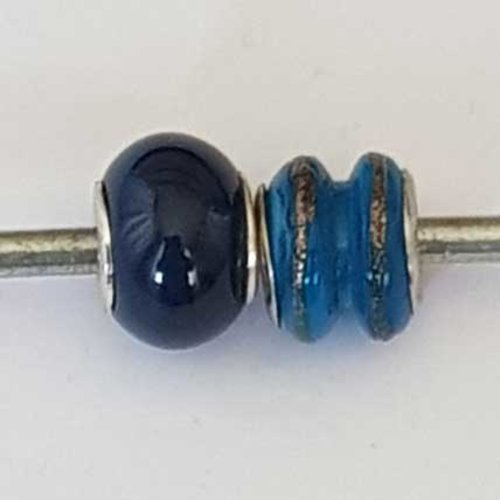 Perle n°1272-05 bleu lot 2 pièces compatible style pandora grand trou en verre ronde