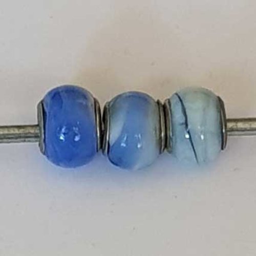 Perle n°1272-06 bleu lot 3 pièces compatible style pandora grand trou en verre ronde
