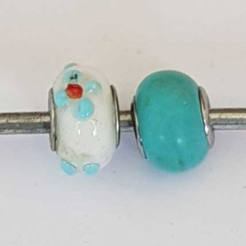 Perle n°1272-07 bleu lot 2 pièces compatible style pandora grand trou en verre ronde