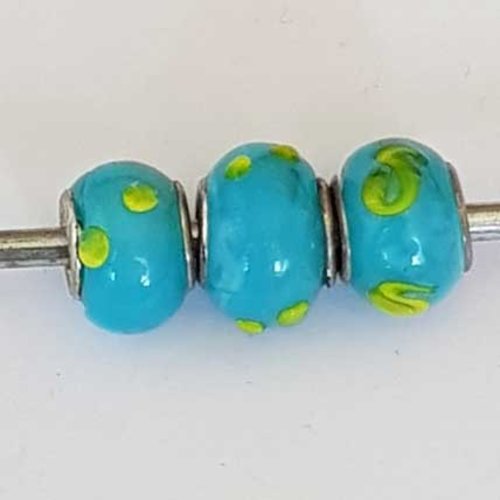 Perle n°1272-08 bleu lot 3 pièces compatible style pandora grand trou en verre ronde