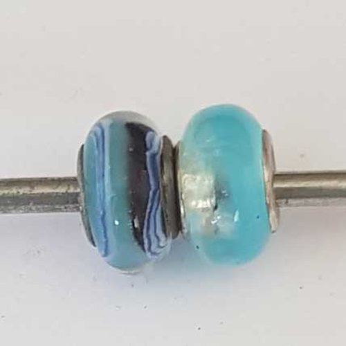 Perle n°1272-10 bleu lot 2 pièces compatible style pandora grand trou en verre ronde