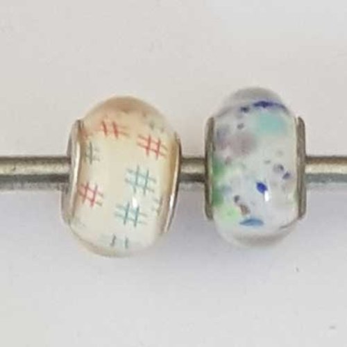 Perle n°1261-09 multi couleur lot 2 pièces compatible style pandora grand trou en verre ronde