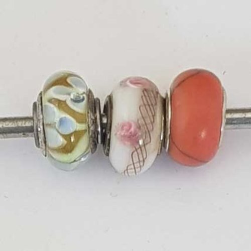 Perle n°1261-10 multi couleur lot 3 pièces compatible style pandora grand trou en verre ronde