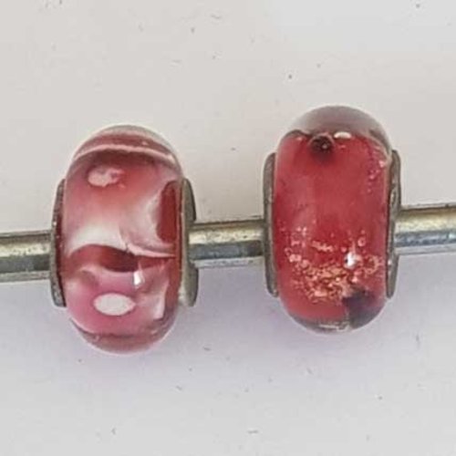 Perle n°1271-08 rouge lot 2 pièces compatible style pandora grand trou en verre ronde