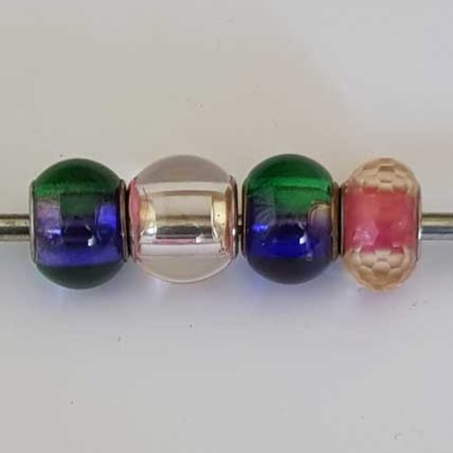 Perle n°1308-11 multi couleur lot 4 pièces compatible style pandora grand trou en verre ronde