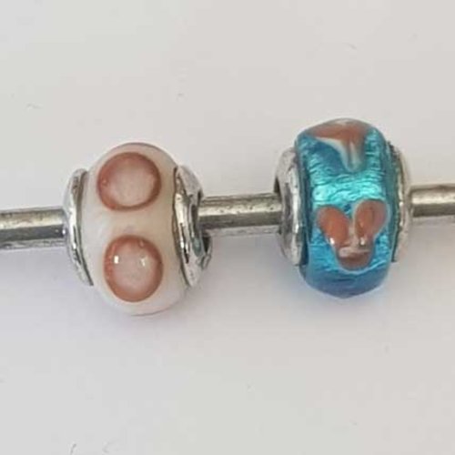 Perle n°1308-02 multi couleur lot 2 pièces compatible style pandora grand trou en verre ronde