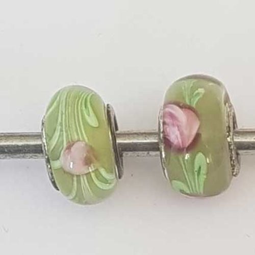 Perle n°1308-03 multi couleur lot 2 pièces compatible style pandora grand trou en verre ronde