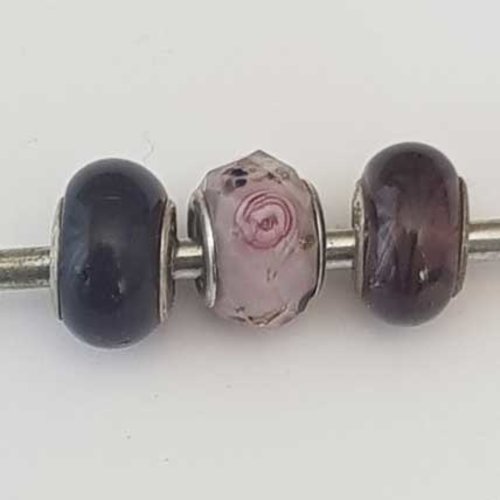 Perle n°1308-01 multi couleur lot 3 pièces compatible style pandora grand trou en verre ronde