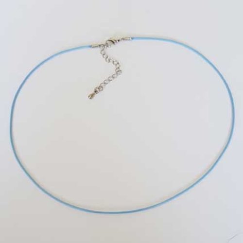 Collier cordon ciré bleu clair de 39 cm + 5 cm de chainette fermoir mousqueton
