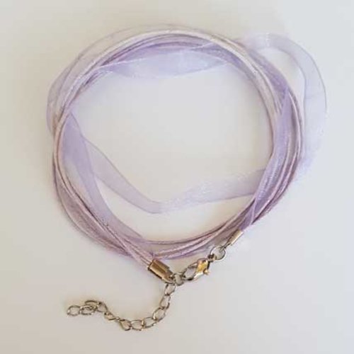 Collier ruban tour de cou organza n°08 et cordon enduit ciré mauve
