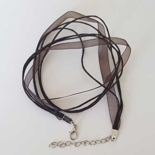 Collier ruban tour de cou organza n°11 et cordon enduit ciré marron foncé
