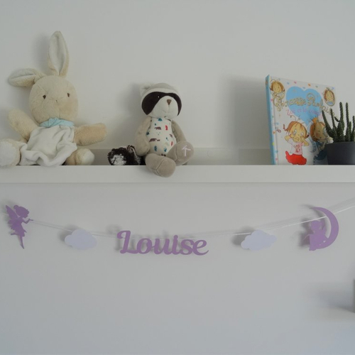 Guirlande prénom décoration chambre d'enfant et bébé fées nuages étoiles dans les tons mauve et blanc