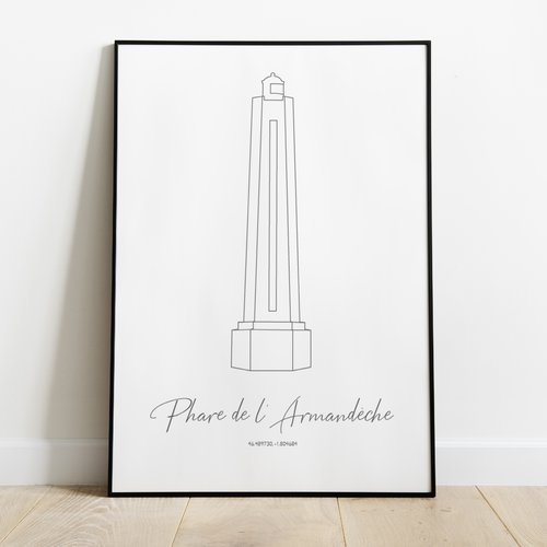 Affiche phare de l'armandèche, silhouette phare de l'atlantique , les sables d'olonne, la chaume, vendée, armandèche