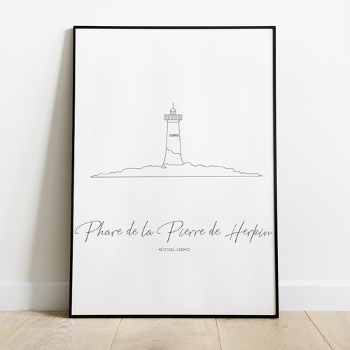 Affiche phare de la pierre de herpin, silhouette phare de l'atlantique , baie du mont saint-michel