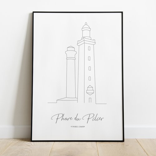 Affiche phare du pilier, silhouette phare de l'atlantique , noirmoutier-en-l'île, vendée, noirmoutier
