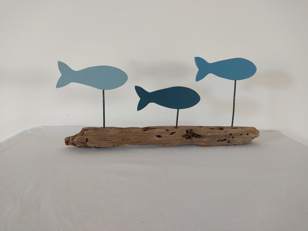 Decoration Banc De 4 Poissons Bois Flotte Gris Bleu Blanc Un Grand Marche