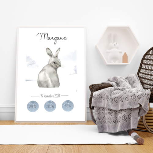 Affiche de naissance personnalisée prénom bébé lapin blanc