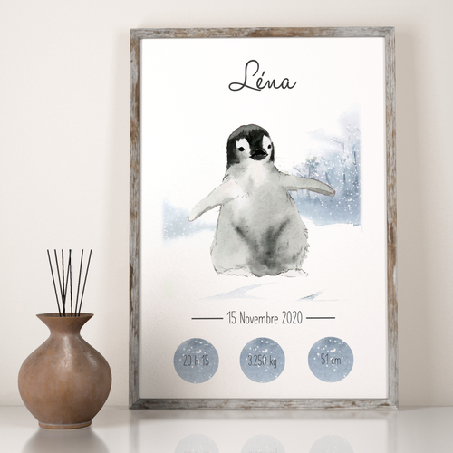Affiche de naissance personnalisée prénom bébé pingouin
