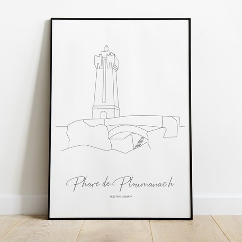 Affiche phare de ploumanac'h, silhouette phare de l'atlantique , bretagne perros guirec côtes d'armor