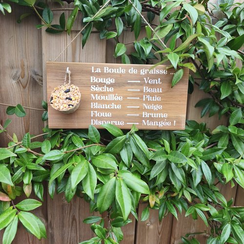Mangeoire oiseaux extérieure en bois – support boule de graisse – baromètre humoristique jardin