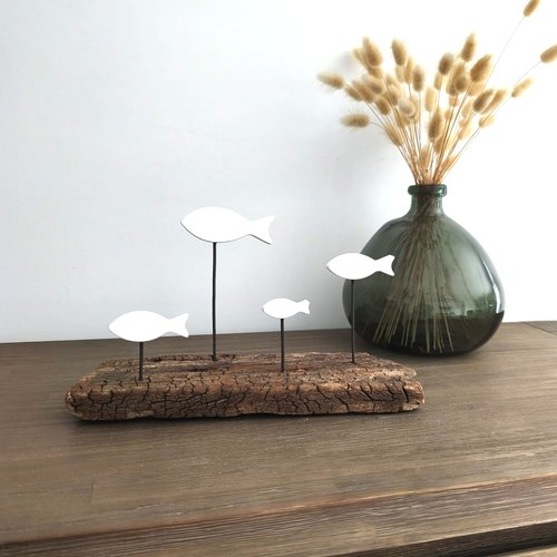 Décoration bois flotté ban de 4 poissons blancs, cadeau fête des pères