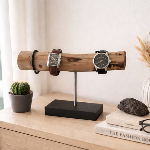 Porte-montres et bracelets en bois flotté et socle noir mat- cadeau homme