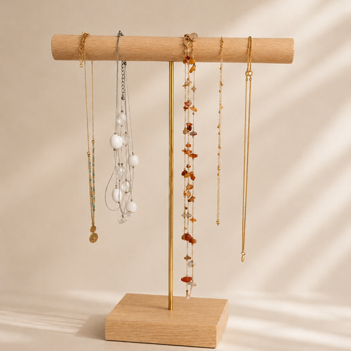 Porte-bijoux en bois de hêtre et tige en laiton doré