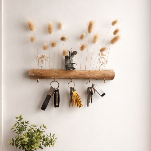 Accroche-clés mural en bois flotté et fleurs séchées – porte-clés décoratif et bohème