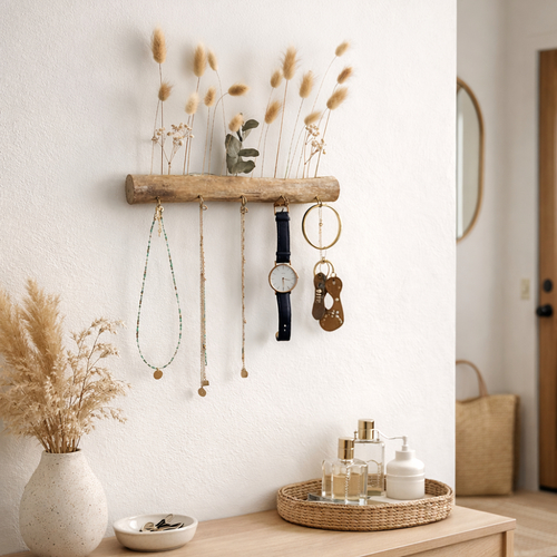 Porte-bijoux mural en bois et fleurs séchées