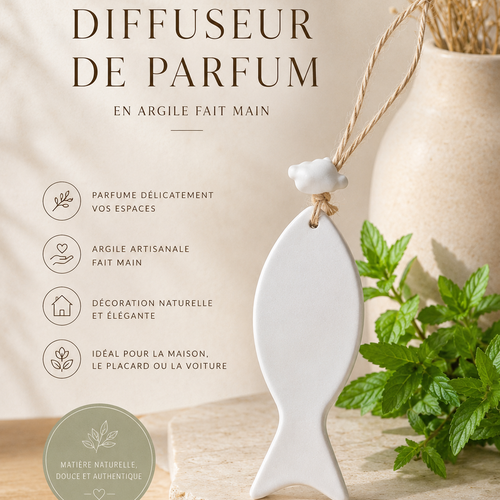 Diffuseur de parfum, huile essentielle, poisson en argile et coquillage - suspension parfumée voiture et maison fait main