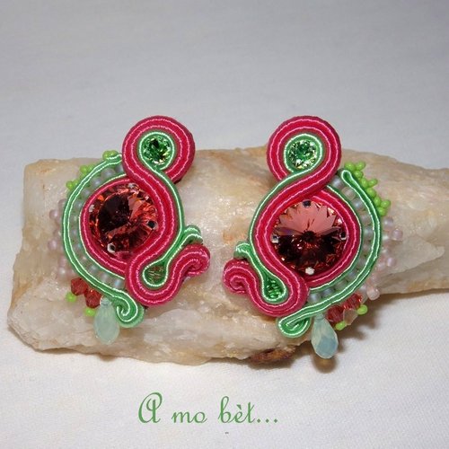 "muse", cristal swarovski, argent 925 et soutache, rose