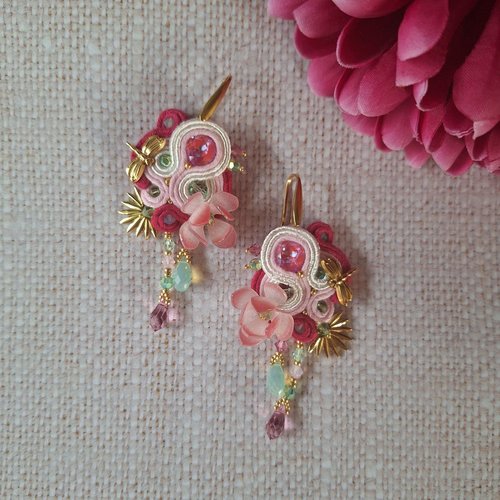 "pink lotus" boucles soutache, cristal swarovski, acier inox