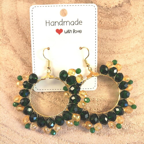 Boucles d'oreilles pendantes rondes en perle de verre facettées vertes et jaunes