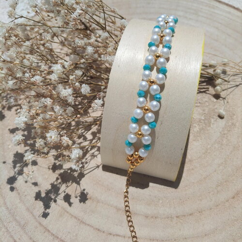 Bracelet bleu turquoise et perles nacrées fantaisie