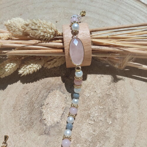 Bracelet perles en quartz rose, perles grises et blanches en acier inoxydable doré