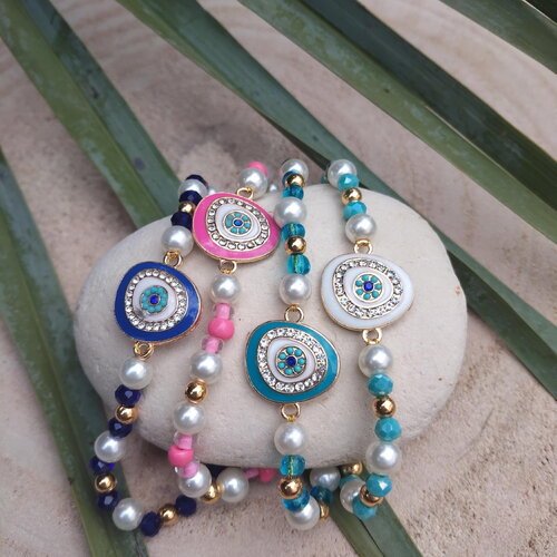 Bracelets pendentif œil en perle colorée et acier inoxydable doré